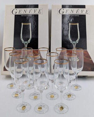 Bohemia Genève Fine Lead Crystal Champagne Flute Gold Rim Set of 12